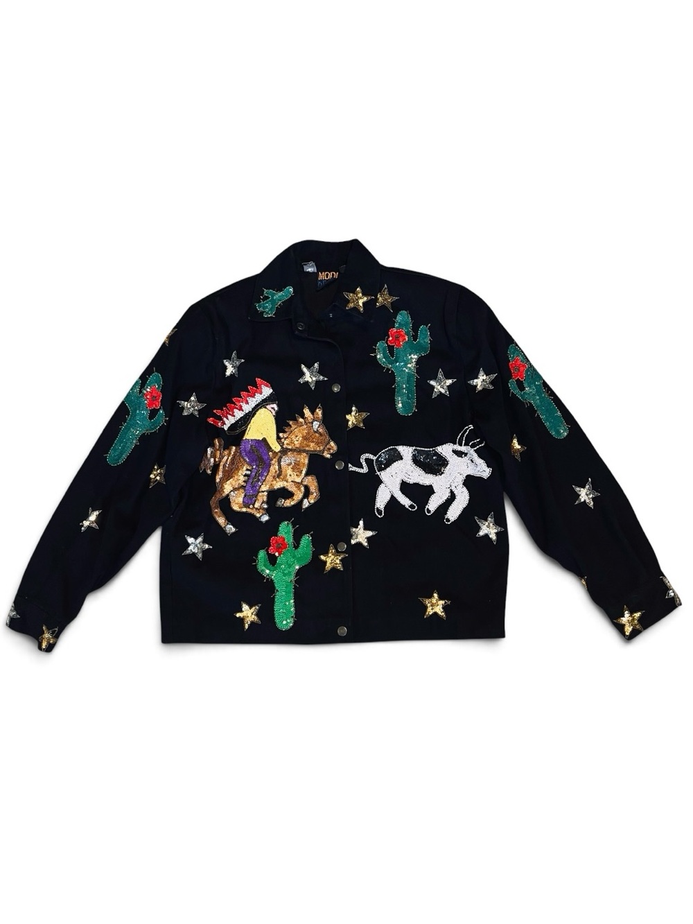 Modi Denim Vintage 90s Sz M RARE Sequin Beaded Western Jacket Bomber Novelty